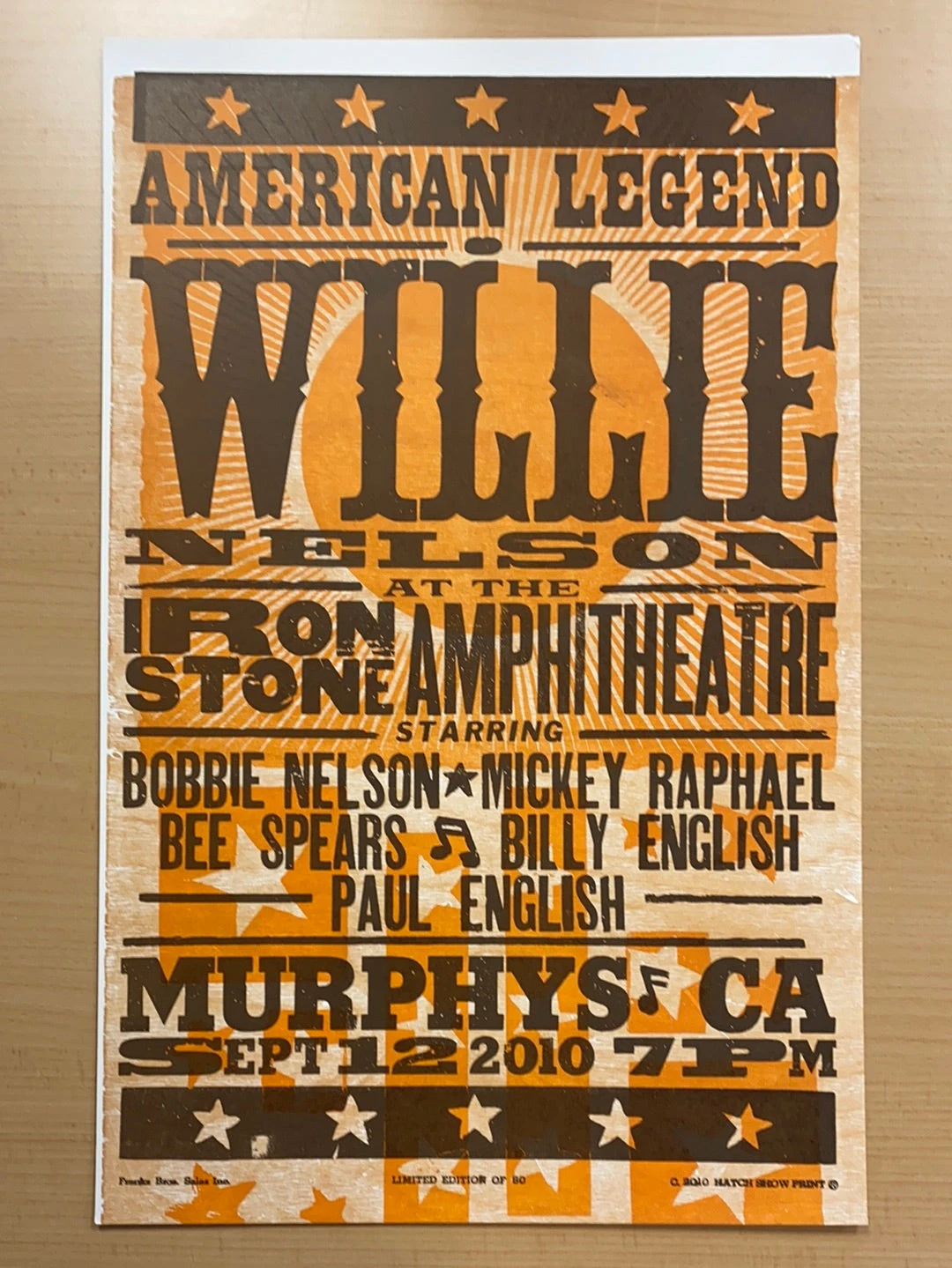 Willie Nelson - 2010 Hatch Show Print 9/12 Poster Murphys, California 2 Willie Nelson - 2010 Hatch Show Print 9/12 Poster Murphys, California - Image 2
