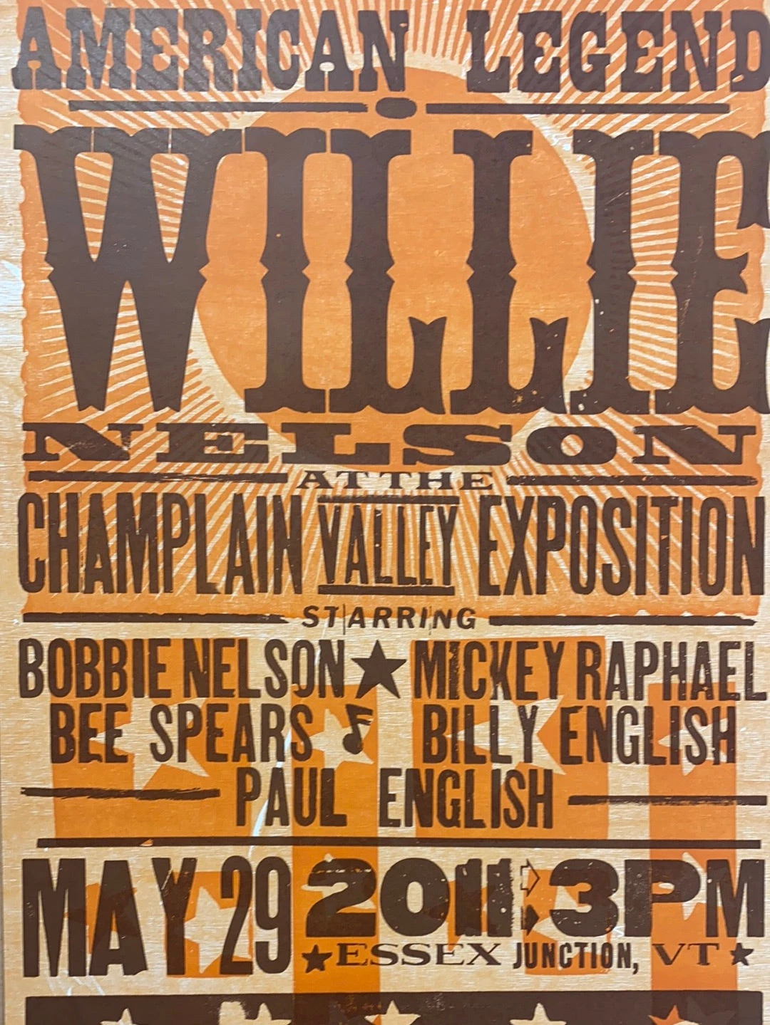 Willie Nelson - 2011 Hatch Show Print 5/29 Poster Essex Junction, Vermont 1 Willie Nelson - 2011 Hatch Show Print 5/29 Poster Essex Junction, Vermont